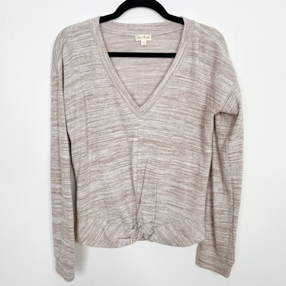 Hem & Thread Spacedye VNeck Twist Front Long Sleeve Brown Taupe Small S Womens